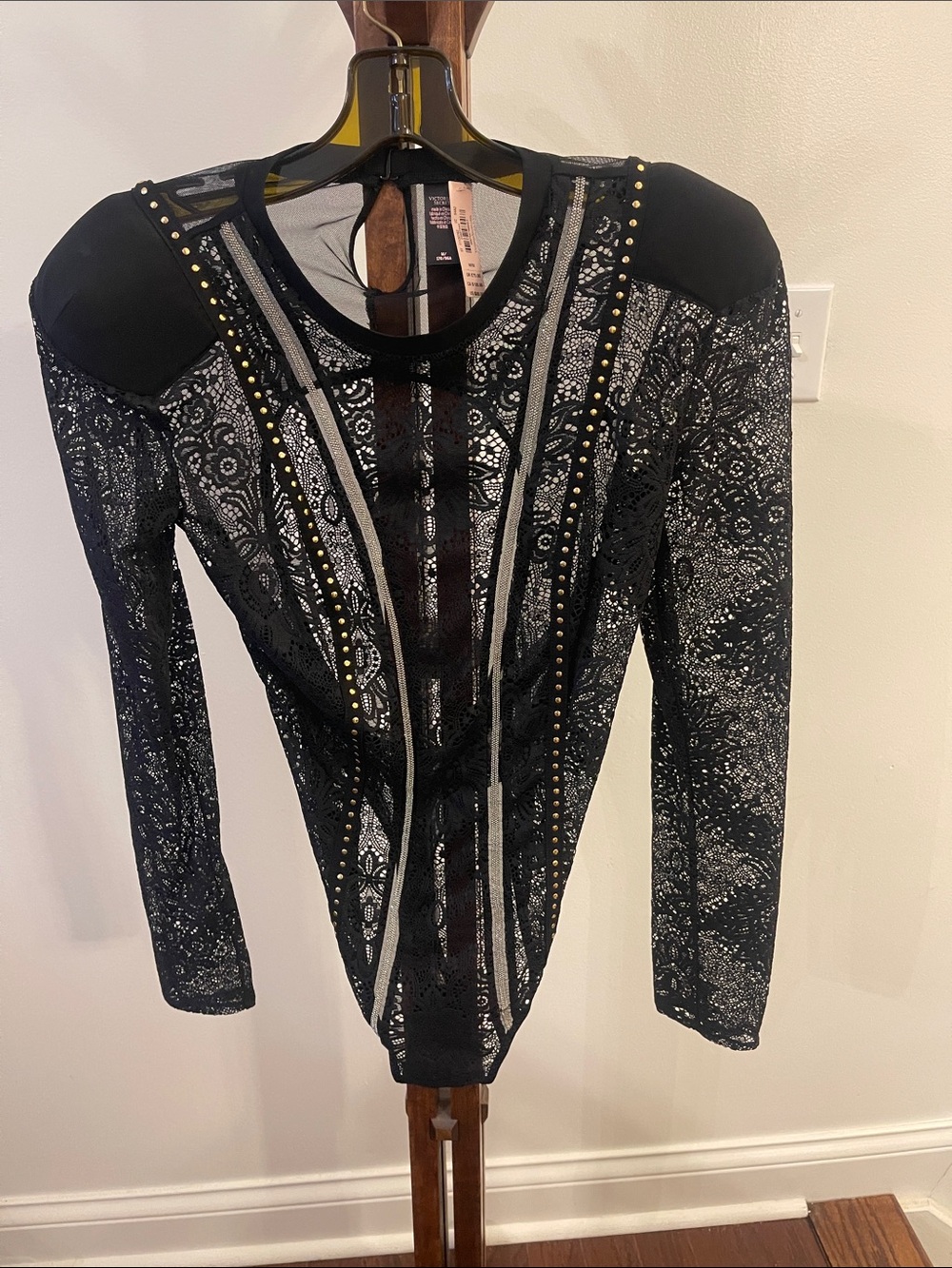 Black Lace Long-Sleeve Embellished Top